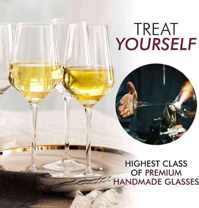 White Wine Glasses Set of 4-14oz, Hand Blown, Long Stem, Crystal - Unique  Gifts for Red/White Wine Lovers