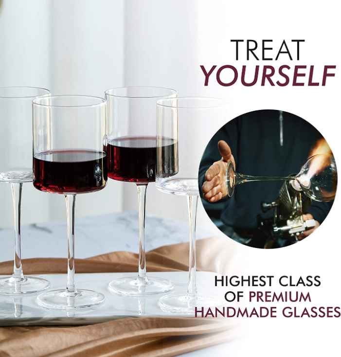 Elixir Glassware Square Wine Glasses Set of 4 - Crystal Wine Glasses 14oz  in Gift Packaging - Large Red Wine Glass on Long Stem - Unique Modern S